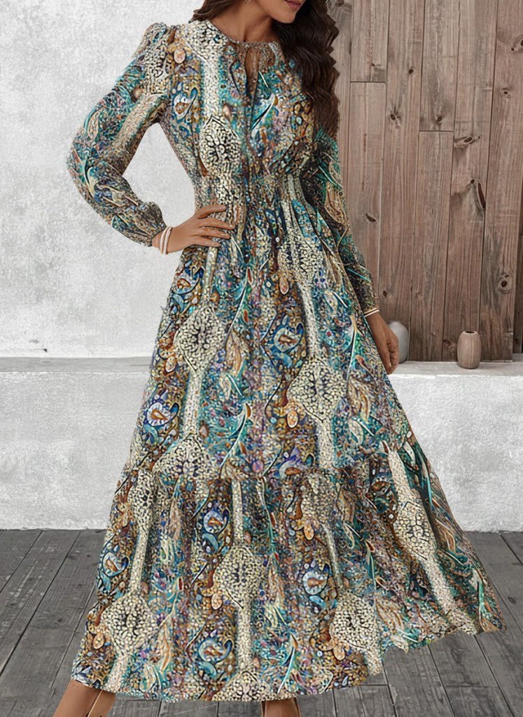 Kadın Uzun Kollu Uakadabağcıklı Beli Lastikli Desenli Uzun Süprem Elbise - Görsel 3