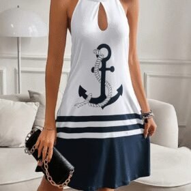 Kadın Askılı çıpa Baskılı Sırtı Açık Kısa Süprem Elbise