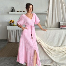 V YAKA BEL BONCUK BAĞLAMALI MÜSLİN ELBİSE YIRTMAÇ DETAYLI - Pembe