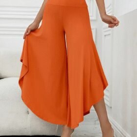 Kadın Yüksek Belli Geniş Paçalı Yanlardan Açık Sandy Pantolon