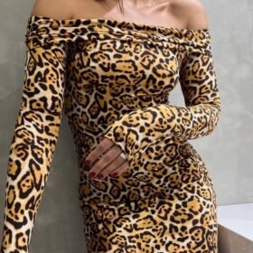 Kadın Madonna Mendil Yaka Leopar Desen Mini Elbise