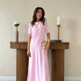 Pudra Pileli Bisiklet Yaka Elbise