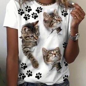 Kadın Kısa Kollu Kedi Ve Pati Baskılı Süprem T-shirt