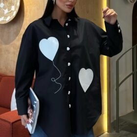 Kalp Nakışlı Ve Düğme Detaylı Oversize Gömlek 3430