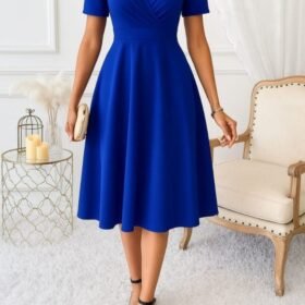 Kadın Kruvaze Yaka Kısa Kollu Midi Boy Krep Kumaş Elbise