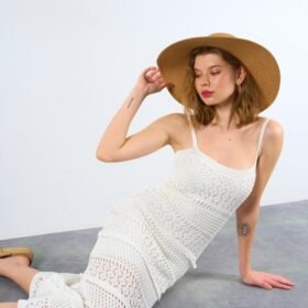 Ajurlu Astarlı Elbise - Ekru