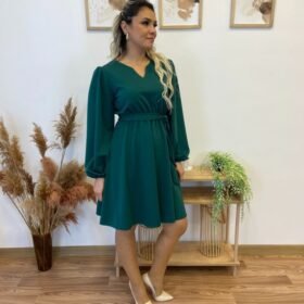 Kadın Uzun Kollu V Yakalı Belden Kuşaklı Kiloş Krep Elbise