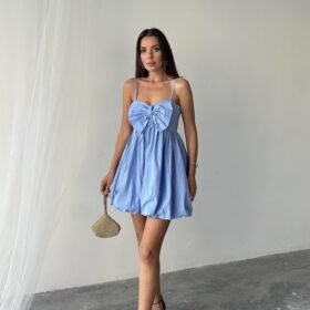 Mavi Önü Fiyonklu Askılı Elbise