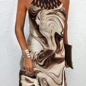 Kadın Sıfır Kol Soğuk Omuz Yaka Baskılı Süprem Elbise