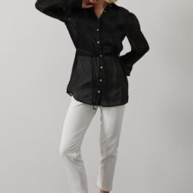 Belden Bağlamalı Uzun Kol Gömlek - Siyah