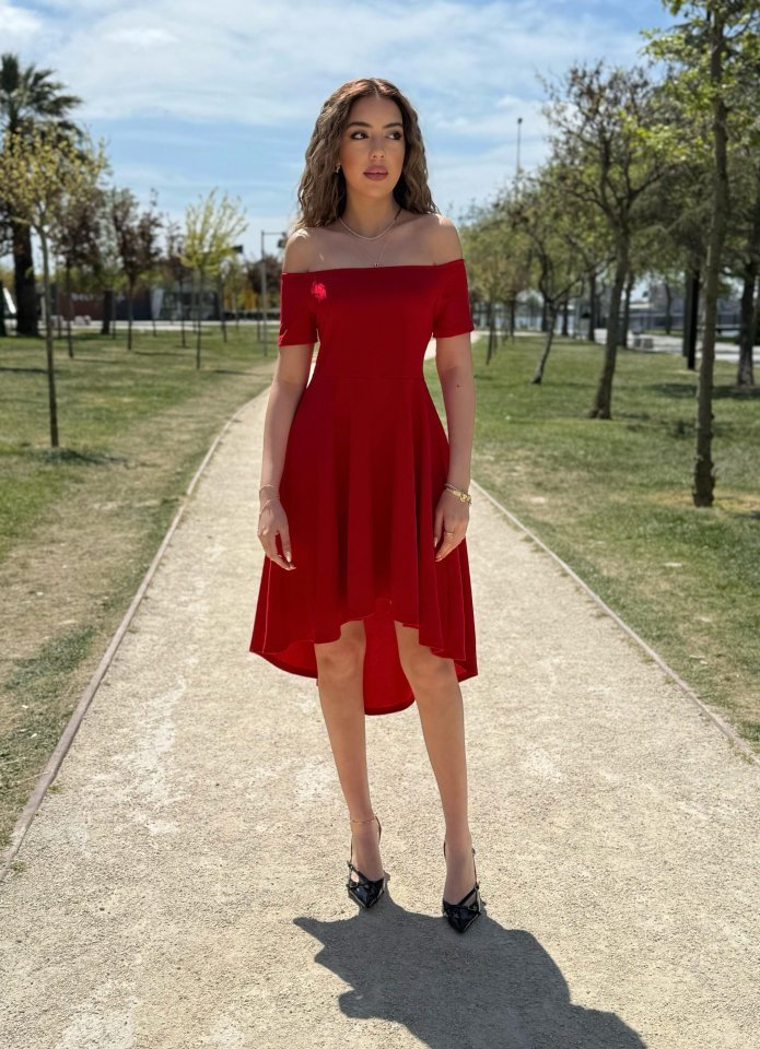 Kadın Kısa Kollu Madonna Yaka önü Kısa Arkası Uzun Ithal Krep Elbise - Görsel 2