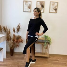 Kadın Uzun Kollu Tek Omuzu Açık Viskon Bluz Içi Atletli Ve Yandan şeritli üçlü Viskon Ikili Takım