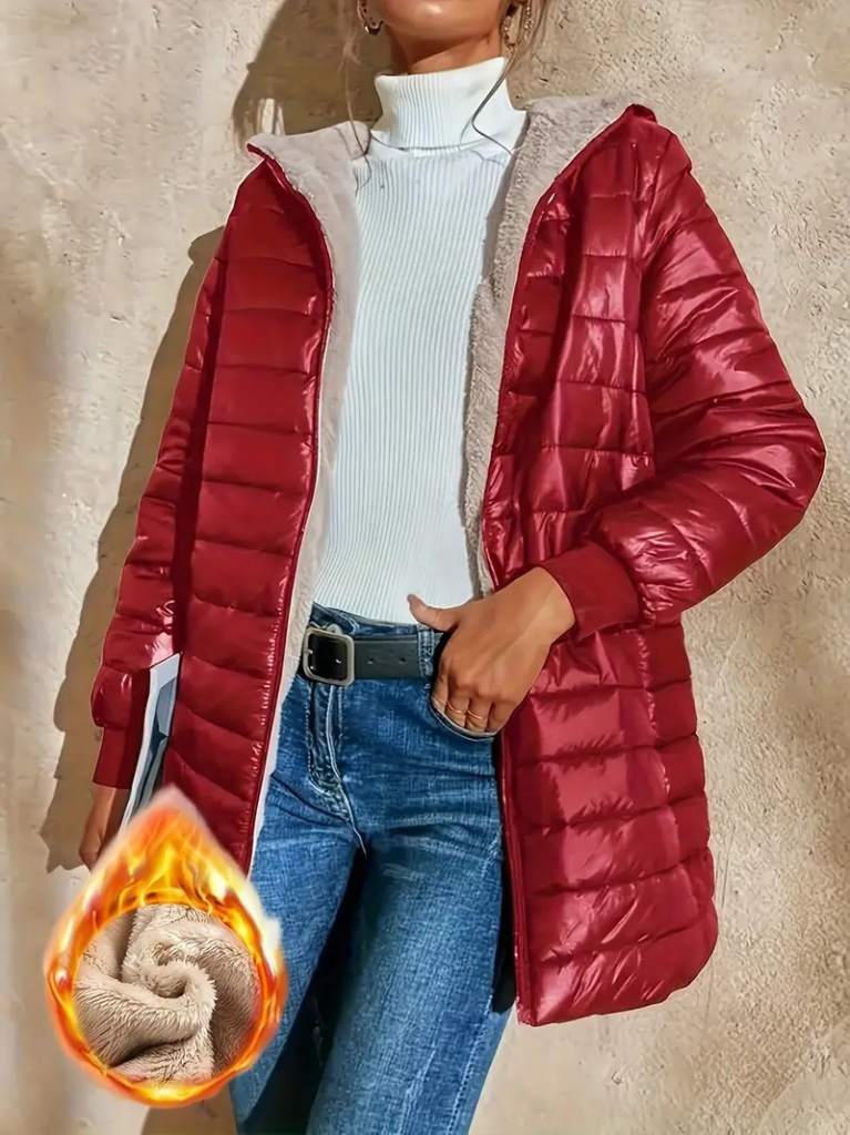 Kadın Uzun Kollu Kapşonlu Cep Detaylı Fermuarlı Orta Boy Mont - Görsel 3