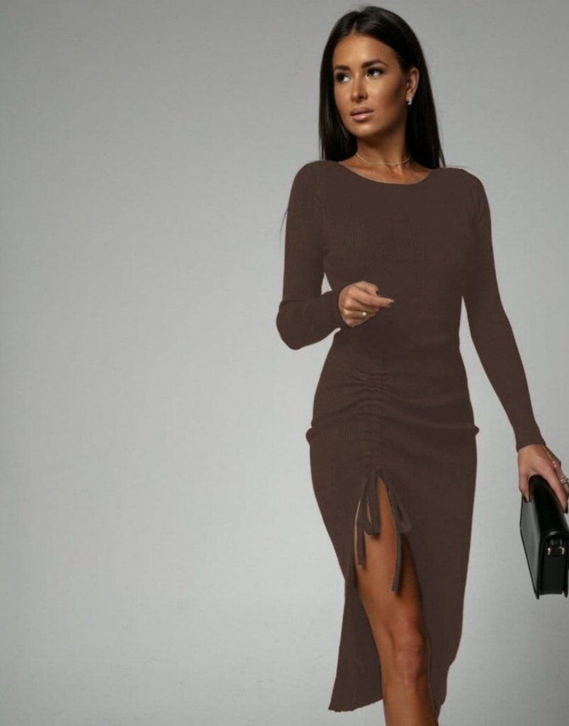 Kadın Uzun Kollu Yandan Büzgülü Yırtmaç Detay Kaşkorse Midi Boy Elbise - Görsel 2