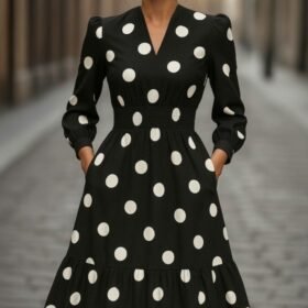 Kadın Uzun Kollu V Yakalı Beli Lastikli Puantiyeli Uzun Krep Elbise