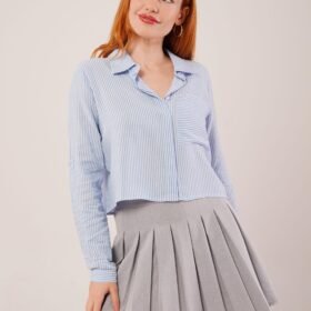 Tek Cep Çizgili Mavi Kısa Gömlek