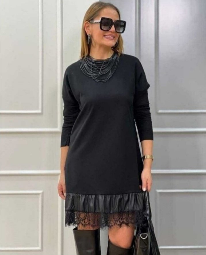 Kadın Uzun Kollu Bisiklet Yaka Etek Ucu Deri Dantelli Viskon Iki Iplik Midi Elbise - Görsel 4