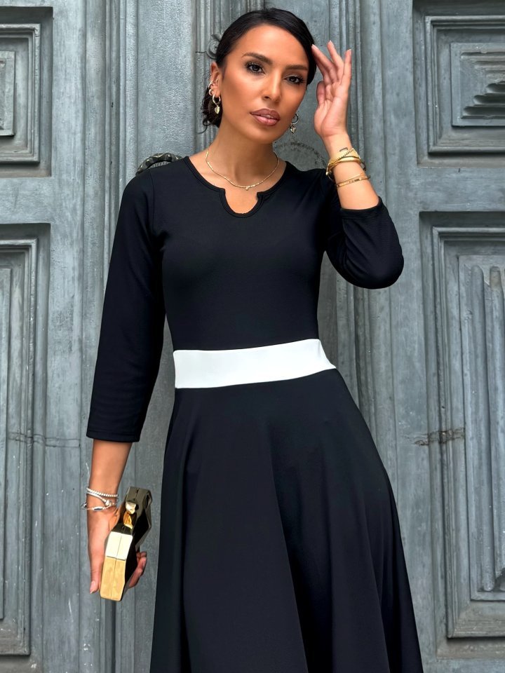 Kadın Truvakarkol Yakası Açık Blok Renkli Krep Midi Elbise - Görsel 4