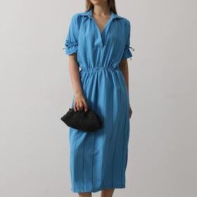 Beli Lastikli Elbise - Mavi