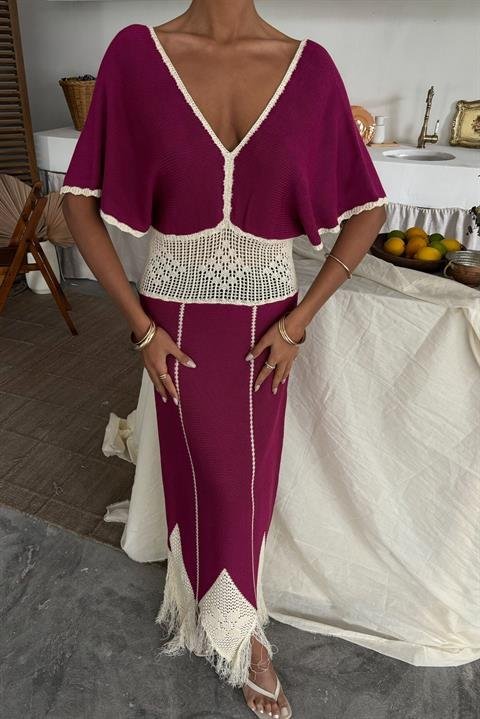 Dantel Desenli V Yaka Triko Elbise 2844 - Görsel 3