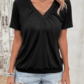 Kadın Kısa Kollu V Yakalı Büzgü Detaylı Viskon Bluz