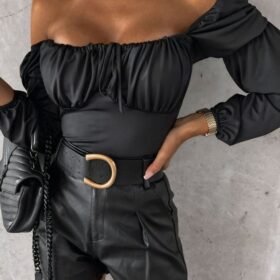 Kadın Uzun Kollu Kare Yaka Göğüs Büzgü Detay Sandy Bluz