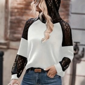 Kadın Uzun Kollu Dantelli Kapşonlu Viskon Iki Iplik Bluz