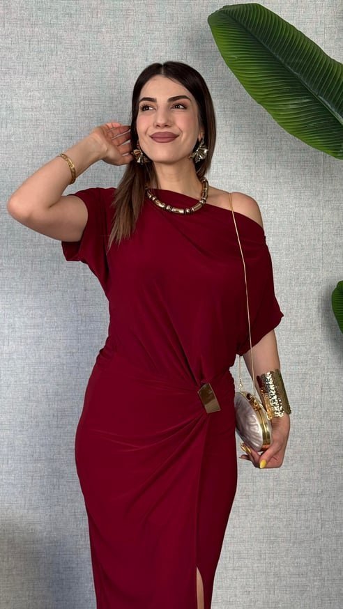 Kadın Kısa Kollu Tek Omuzdan Açık Beli Lastikli Sandy Maxi Elbise - Görsel 3