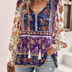 Kadın Uzun Kollu Yakası Açık Bağcıklı çiçek Desenli Salaş Bluz