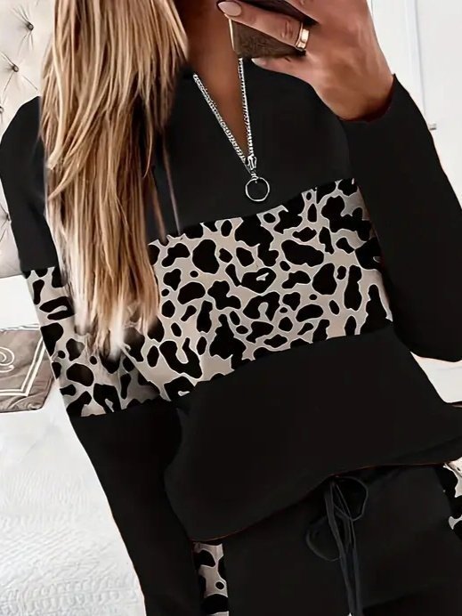 Kadın Uzun Kollu Fermuarlı Karışık Desenli Viskon Iki Iplik Bluz Ve Pantolon Ikili Takım - Görsel 2