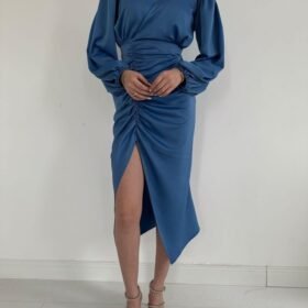 Mavi V Yaka Saten Elbise