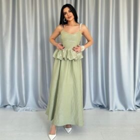 Yeşil Beli Büzgülü İnci Askılı Uzun Elbise