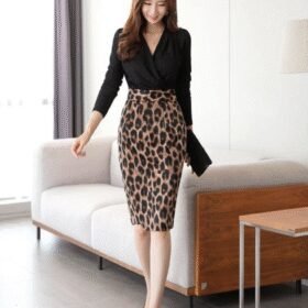 Kadın Uzun Kollu Kruvaze Yaka üst Ithal Krep Alt Dalgıç Leopar Detaylı Elbise