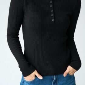 Polo Yaka 6 Düğmeli Kazak - Siyah