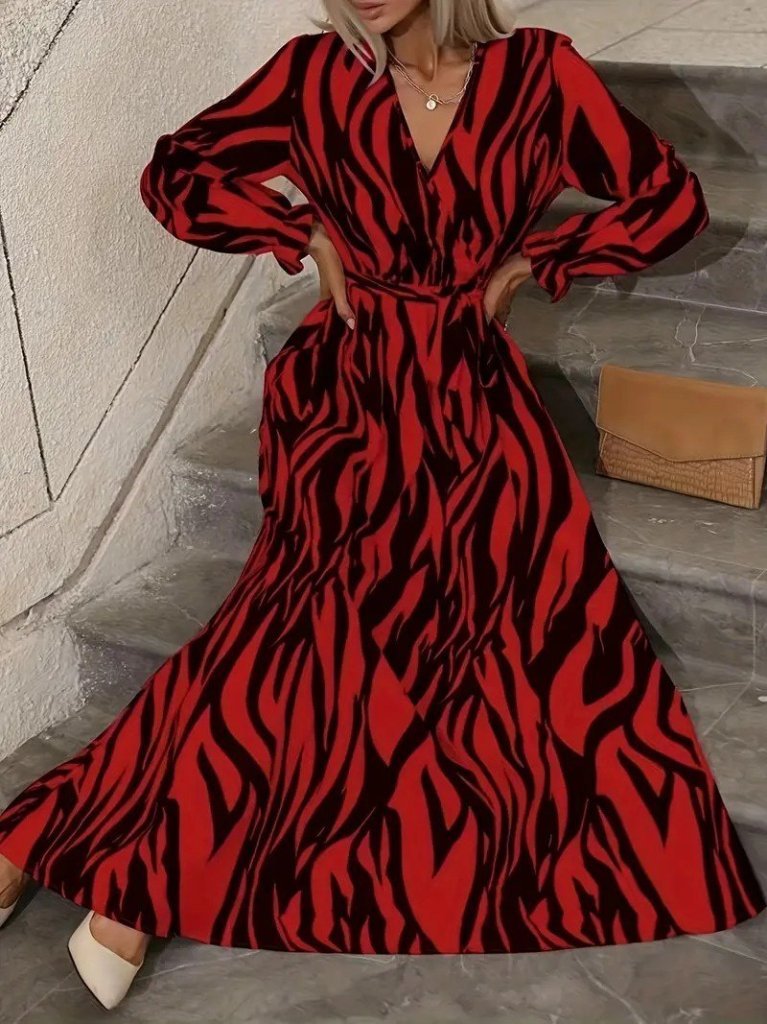 Kadın Uzun Kollu Kruvaze Yakalı Kuşaklı Zebra Desenli Süprem Maxi Elbise - Görsel 4