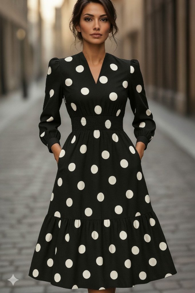 Kadın Uzun Kollu V Yakalı Beli Lastikli Puantiyeli Uzun Krep Elbise - Görsel 3