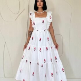 Fuşya Sıfır Kol Fırfırlı Elbise