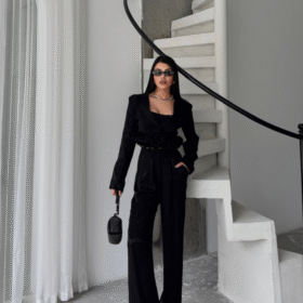 JAKARLI BLUZU TASARIM DETAYLI CEKET-PANTOLON-BLUZ 3 LÜ TAKIM - Siyah