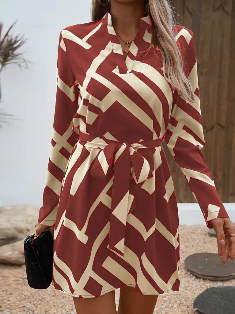 Kadın Uzun Kollu V Yakalı Desenli Belinde Kuşaklı Dalgıç Elbise - Görsel 3