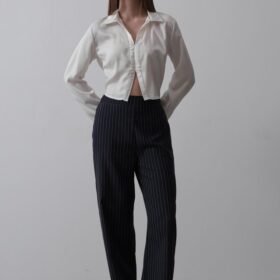 Beli Yarım Lastikli Palazzo Pantolon - Lacivert-Beyaz