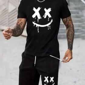 Erkek Kısa Kollu Bisiklet Yaka Baskılı Tişört Ipli Short Iki Iplik Takım