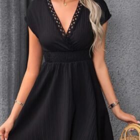 Kadın Kısa Kollu Kruvaze Yakalı Beli Lastikli Bürümcük Elbise