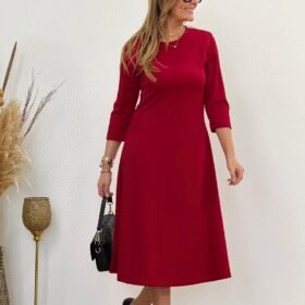 Kadın Uzun Truvakar Kol Bisiklet Yaka Midi Modal Elbise