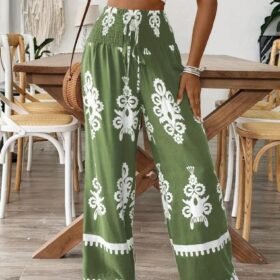 Kadın Yüksek Bel Büzgülü Etnik Desen Baskılı Süprem Pantolon