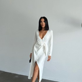 KRUVAZE BROŞ DETAYLI ELBİSE - Beyaz