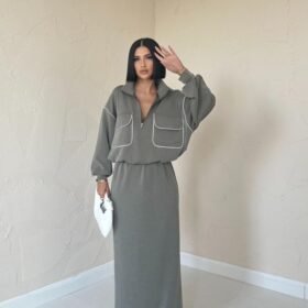 Haki Biyeli Sweatshirt Ve Etek Takım