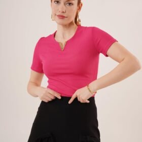 Kısa Kollu Yaka Detaylı Kaşkorse Fuşya Bluz