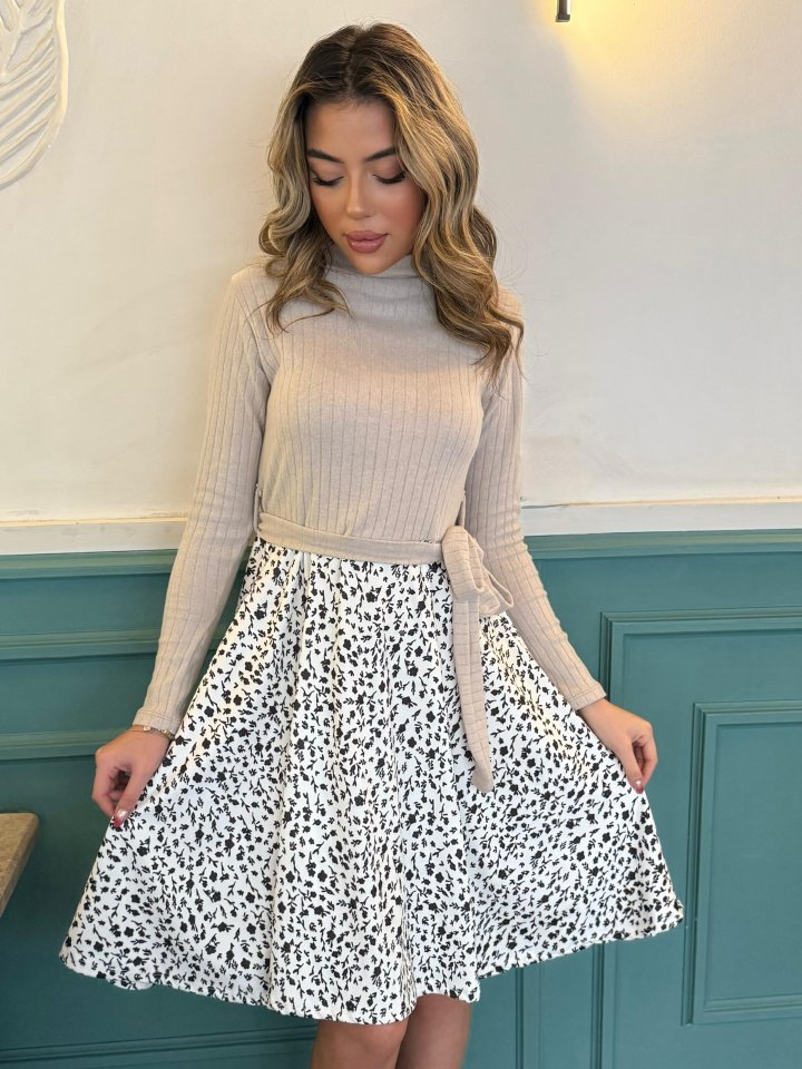 Kadın Uzun Kollu Balıkçı Yaka Belden Bağlamalı üst Kaşkorse Eteği Dalgıç Kısa Elbise - Görsel 2