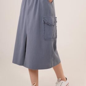 Ön Yırtmaçlı Cep Detaylı İndigo Etek