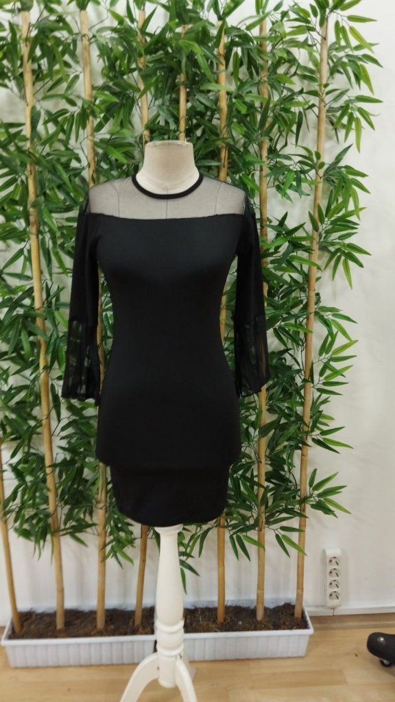 Kadın Uzun şeffaf şerit Kollu Madonna Yaka Vücudu Saran Dalgıç Kısa Elbise - Görsel 2